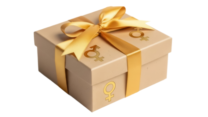 Beige gift box with golden ribbon and gender symbols isolated PNG, present for transgender or non-binary person on transparent background