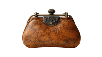 Vintage leather coin purse featuring a bronze clasp and ornate details, symbolizing old money and classic fashion on transparent background