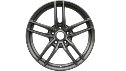 Gunmetal gray car rim PNG isolated on transparent background, stylish five-spoke alloy wheel for automotive design and customization