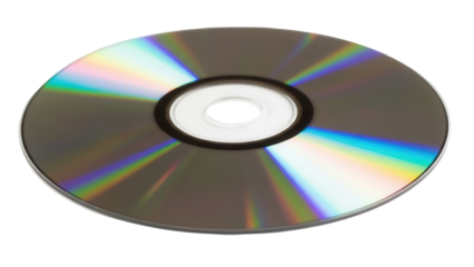 Compact disc isolated PNG on transparent background, optical storage media for data and music, shiny surface with rainbow reflection