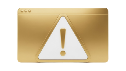 Golden browser window with warning sign isolated PNG, attention alert symbol for website error and security notification