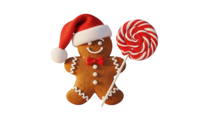Gingerbread man with Santa hat and lollipop isolated PNG, festive cookie character on transparent background for Christmas designs