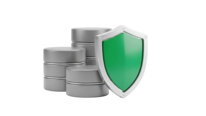 Database servers with green shield isolated PNG, data protection and security concept on transparent background, cybersecurity and privacy
