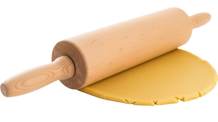 Wooden rolling pin on yellow dough isolated PNG, baking preparation for homemade pastry and cookies on transparent background