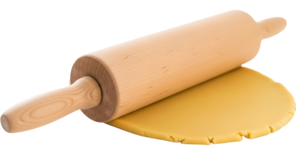 Wooden rolling pin on yellow dough isolated PNG, baking preparation for homemade pastry and cookies on transparent background