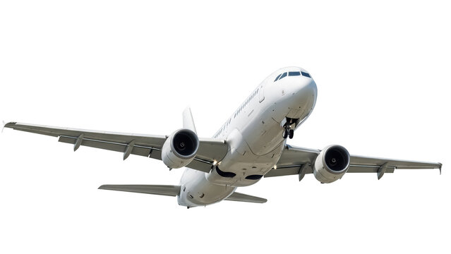 Commercial airplane taking off PNG isolated on transparent background, passenger jet in flight for travel and transportation concepts