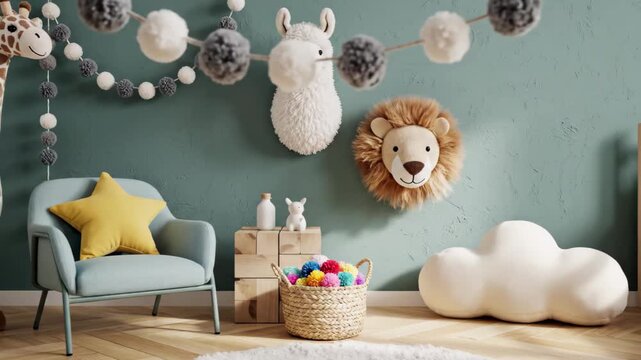 Nursery decor with large stuffed giraffe, light blue armchair, animal wall hangings, and colorful pom pom basket, 4k