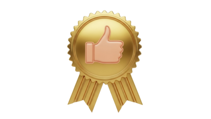 Golden thumbs up badge PNG isolated on transparent background, approval symbol for quality and recommendation
