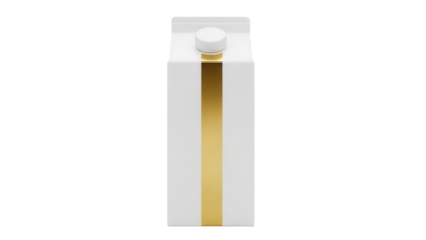 Milk carton isolated PNG on transparent background, blank white container with gold stripe for branding and product presentation