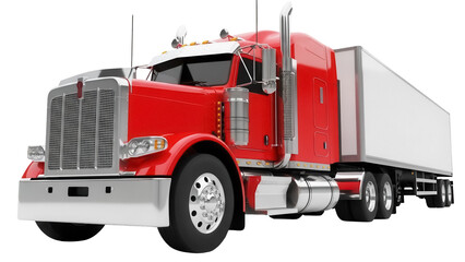 Red semi-truck PNG isolated on transparent background, commercial transport vehicle for freight and logistics operations © Claudia