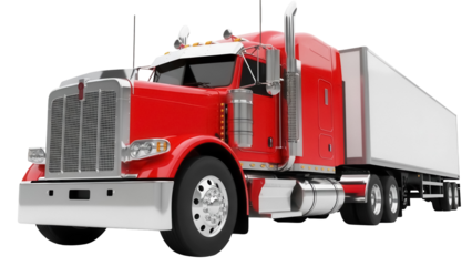 Red semi-truck PNG isolated on transparent background, commercial transport vehicle for freight and logistics operations