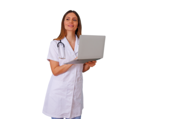 Female doctor or medical professional using laptop for telehealth or telemedicine, developing healthcare technology, transparent background