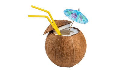 Coconut cocktail PNG isolated with yellow straws and umbrella, tropical drink on transparent background for summer vacation and party designs © Andrej