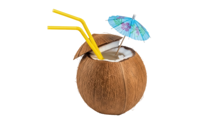 Coconut cocktail PNG isolated with yellow straws and umbrella, tropical drink on transparent background for summer vacation and party designs
