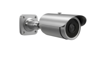 Silver CCTV security camera isolated PNG, surveillance system for home safety and crime prevention on transparent background