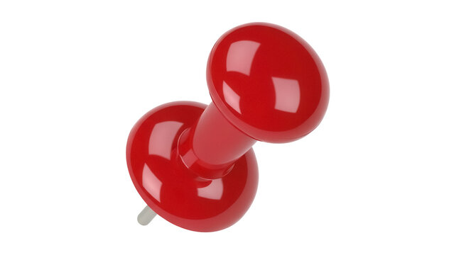Red push pin isolated PNG on transparent background, office supply for bulletin boards and reminders, realistic thumbtack