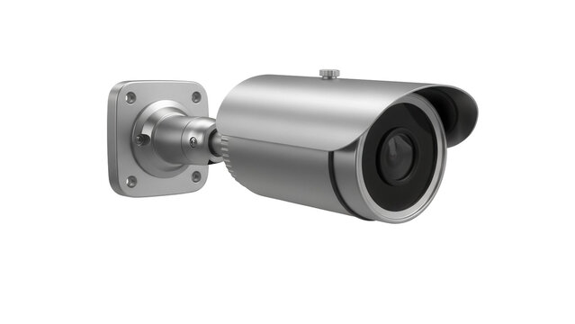 Silver CCTV security camera isolated PNG, surveillance system for home safety and crime prevention on transparent background