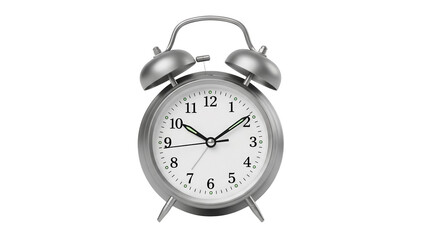 Silver alarm clock isolated PNG on transparent background, classic twin bell timepiece for waking up and time management