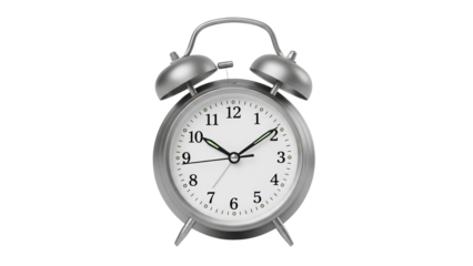 Silver alarm clock isolated PNG on transparent background, classic twin bell timepiece for waking up and time management
