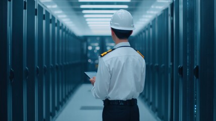 Scalable AI infrastructure, A technician in a hard hat inspects a modern data center, surrounded by rows of server racks, while using a tablet for monitoring.