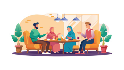 Fototapeta premium Warm vector illustration of a Muslim family sitting together for iftar meal during Ramadan, cozy home atmosphere. 