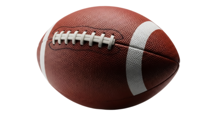American football isolated PNG, brown leather ball with white stripes for sports equipment and game day themes on transparent background