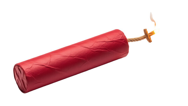 Red dynamite stick with burning fuse isolated PNG, explosive material for demolition and dangerous situations on transparent background
