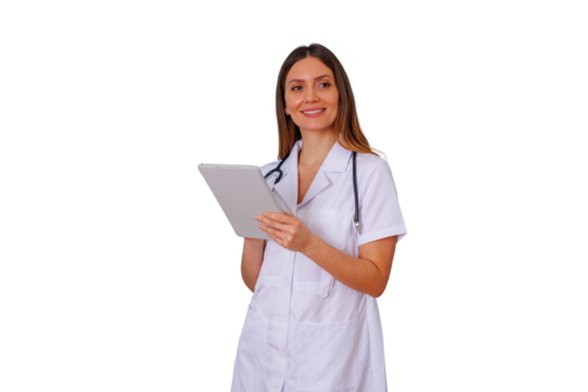 Healthcare professional woman smiling, holding a digital tablet, using technology for medical record keeping and patient care - Powered by Adobe