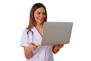 Female doctor smiling while holding laptop, providing teleconsultation, medical assistance, online diagnosis on transparent background