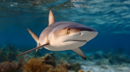 Fototapeta premium A close up detailed underwater view of a grey reef shark swimming gracefully in clear blue ocean water near a coral reef