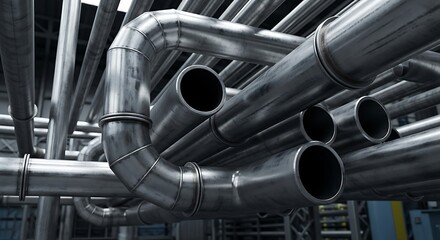 Industrial metal pipes form a complex network against a blurred background.