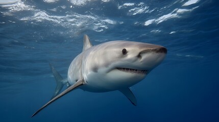 Fototapeta premium A powerful Great White Shark glides through the clear blue ocean its sharp teeth visible as it swims beneath the sunlit water surface