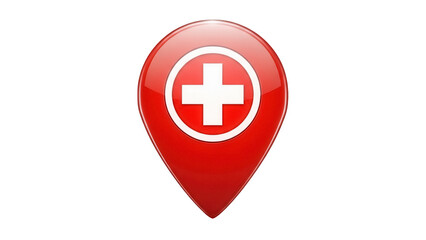 Obraz premium Red map pointer with cross isolated PNG on transparent background, location pin for healthcare and medical services