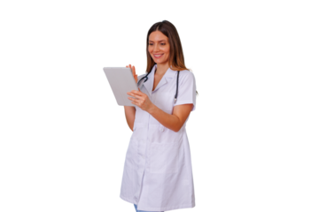 Female doctor using a digital tablet for healthcare data, medical consultations, and telemedicine services on transparent background