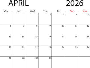 Minimalist Vector April 2026 Calendar Template with Clean Grid and Monday Start