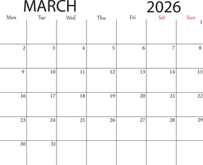Minimalist Vector March 2026 Calendar Template with Clean Grid and Monday Start