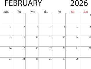 Clean Minimalist Vector illustration February 2026 Calendar Template with Simple Grid Layout