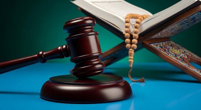 Islamic Law and Justice Concept. Judge Gavel with Holy Quran and Prayer Beads.
