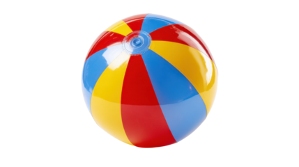 Inflatable beach ball showing vibrant red, blue, and yellow stripes, ready for summer fun, play, holidays, and vacations