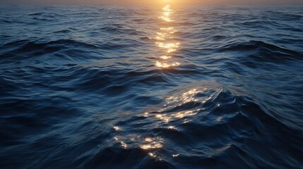 Serene deep blue ocean waves reflecting the golden light of a setting sun over the horizon