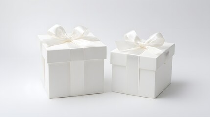 Obraz premium Two Minimalist White Gift Boxes with Satin Ribbons. Luxury Packaging Mockup on a Clean Background.