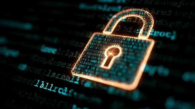 Glowing blue padlock icon with digital code matrix, cybersecurity data encryption protection technology concept