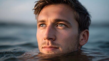 Close up portrait of a man looking up from the water at dawn with sunlight highlighting his face