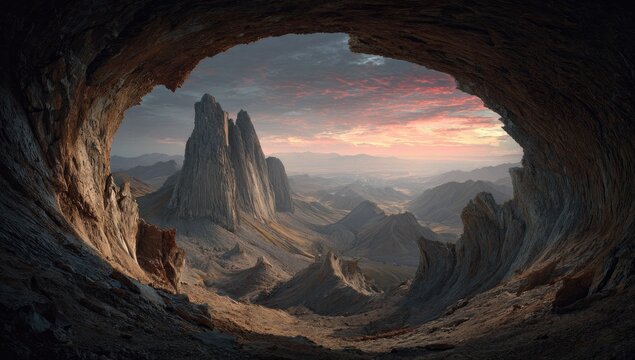 Dramatic cave opening revealing majestic mountain landscape and sunset sky
