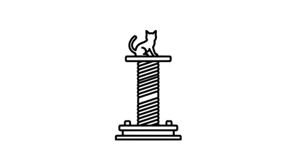 Fototapeta premium Line-art icon of a cat perched on a scratching post with base platform - vector outline illustration