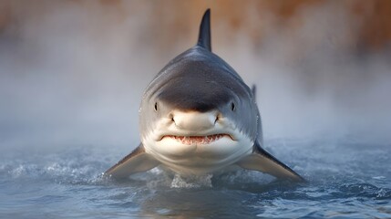 A powerful shark emerges from misty ocean waters showcasing its sharp teeth and intense gaze in a close up frontal view