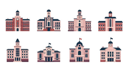 Modern vector illustration of city hall buildings in various architectural styles, isolated on white background, solid colors, ideal for government and civic design