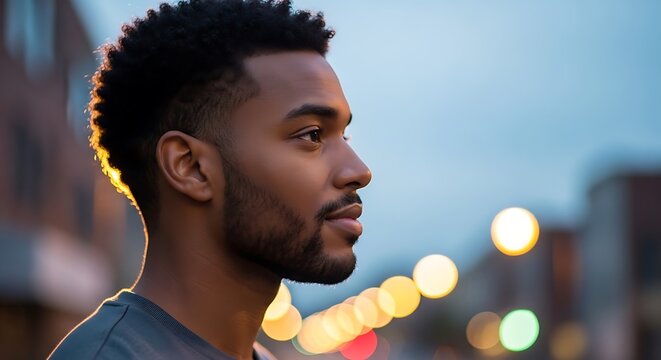 Young man's profile illuminated by golden hour light at dusk.
