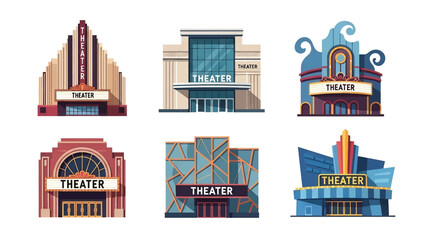Obraz premium Modern vector illustration of theater buildings in different architectural styles, isolated on white background, solid colors, ideal for entertainment and culture graphics