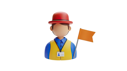3D Tour Guide Character with Orange Flag on transparent background
